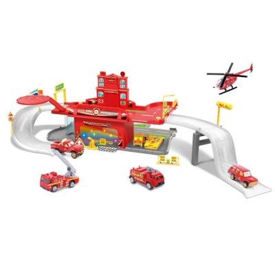 China Eco Friendly Slot Toy Fire Rescue Station Car Garage Toys With 2pc Metal Car for sale