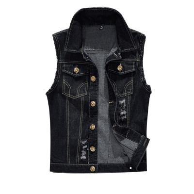 China Anti Wrinkle Mens Plus Size Breathable Ripped Ride Down Collar Stretching Waistcoat Denim Vest Jacket for sale