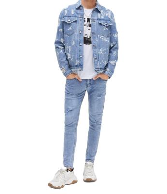 China Fashion custom made ripped blue men's jackets jackets SKYKINGDOM men's longchan gz lattice jeans denim jacket breathable denim jacket for sale