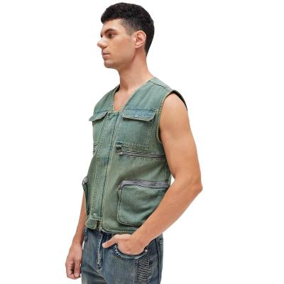 China wholesale fashion lattice men's vests longchan gz denim motorcycle denim service vest Anti-wrinkle SKYKINGDOM vests pockets for sale