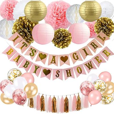 China Festival Decoration Baby Shower Banner with Paper Pom Poms Flowers Honeycomb Ball Balloons Foil Tassel for Baby Shower Decorations for sale