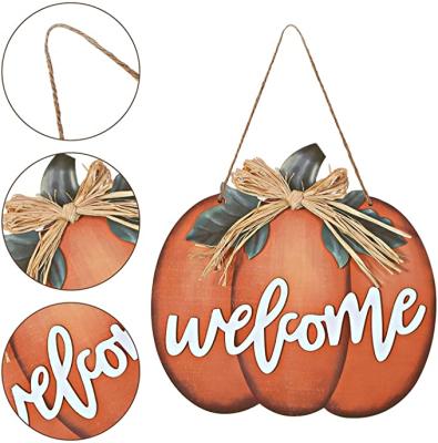 China Wholesale Custom Wooden Hanging Sign Europe Halloween Pumpkin Welcome Sign For Autumn Harvest Thanksgiving for sale