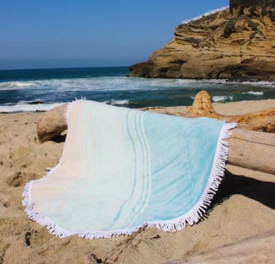 China Hypoallergenic Custom Printing 100% Sand Free Cotton Light Blue Round Striped California Beach Towels With Fringes for sale