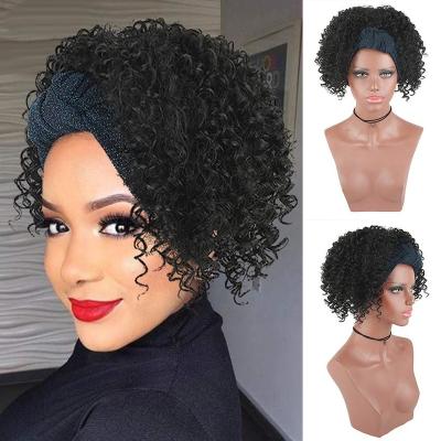 China Fiber Hair Afro Puff With Headwrap Synthetic Short Afro Curly Full Wig Updo Curly Wig With Turban Wave Drawstring Curly Ponytail for sale