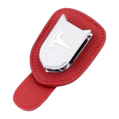 China Brief & Single Color Aluminum Alloy Car Sun Visor Glasses Cut For Tesla Model 3 Y X S Interior Organize Accessories With Car Logo Sunglasses Holder for sale