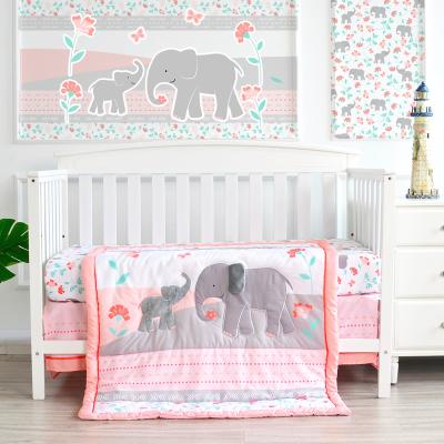 China 3PC Crib Baby Crib Comforter Bedding Wholesale Anti-Static Set Fitted Crib Microfiber Pink Elephant Baby Bedding Sets for sale