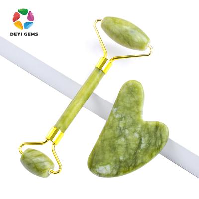 China Wholesale Green Whitening Jade Facial Roller Massage Tool Jade Roller Gua Sha Set for sale