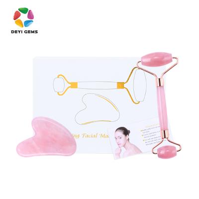 China Whitening Wholesale Best Jade Roller Massage Rose Quartz Gua Sha Facial Roller Set for sale