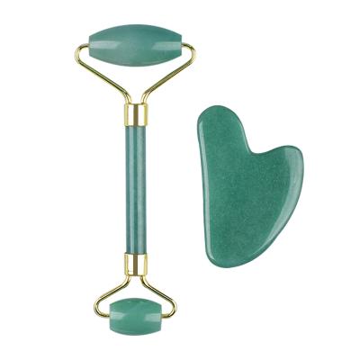 China Whitening 2021 Amazon Quality Assurance Anti Aging Green Aventurine Double Head Jade Roller And Gua Sha Set For Face for sale