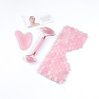 China 3 Piece Whitening Set Natural Rose Quartz Face Eye Mask, Rose Quartz Jade Roller Gua Sha Set for sale