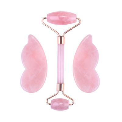 China Whitening Natural Pink Roller Gua Sha Crystal Stone Rose Quartz Jade Set For Face Beauty And Massage for sale