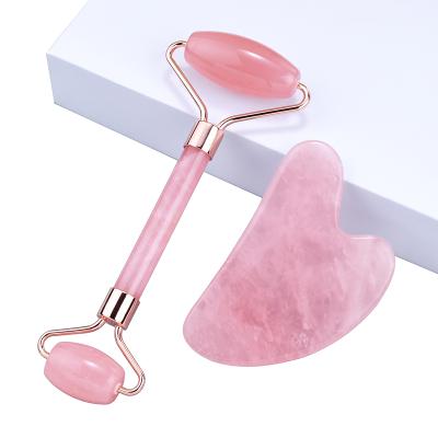 China Wholesale Massage Jade Roller Set of 2021 Popular Rose Quartz Facial Roller Gua Sha for sale