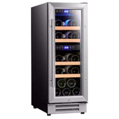 China Hotel 12 Inch Full Glass Door Wine Fridge 17 Bottle Double Zone Wine Cooler SRW-18D for sale