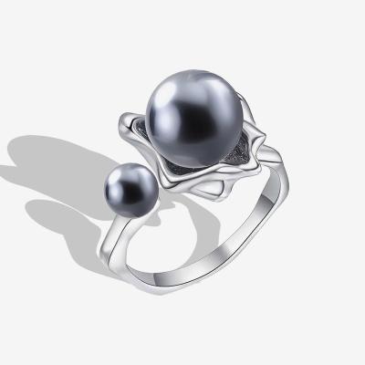 China Hiphop Unique irregular adjustable black pearl ring 925 sterling silver rings women jewelry for sale