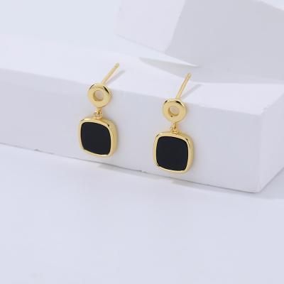 China Environmental Friendly Light luxury 925 Sterling Silver Black onyx Square stud Earrings for Women Retro  18K Gold Plated Earrings for sale