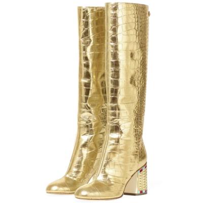 China High Quality Big Size Boots New Styles Bling Gold Crocodile Print Short Lightweight Thick Heel Thigh High Boots Shoes For Women for sale