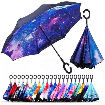 China Portable Unisex Car Inverted Umbrella Long-handle Non-automatic Reverse Folding Umbrella With C-hook Hands for sale