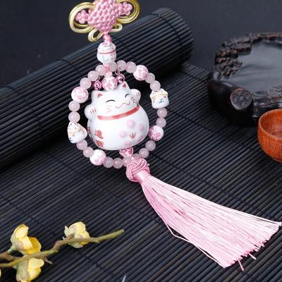 China Cute Car Accessories Lucky Cat Car Interior Ornaments Pink Cartoon Car Ceramic Pendants Ornament Safety Decoration For Girls for sale