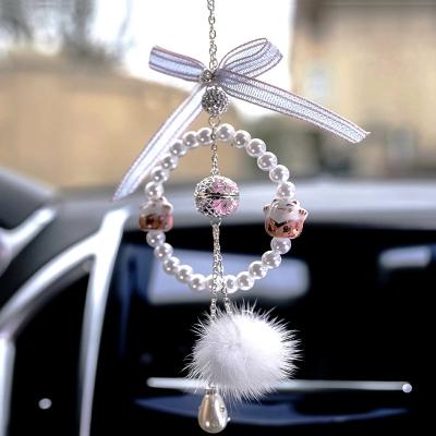 China Cute Cartoon Lucky Cat Aromatherapy Bell Car Rearview Mirror Car Pendant Ornaments Car Decoration Accessories For Girls for sale