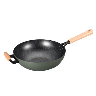 China Customized Industrial Logo Industrial Cast Iron Non Stick Frying Pan With Wood Handle for sale