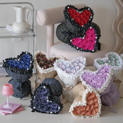 China Durable Warm Knitted Heart Shaped Preserved Fabric Pearl Lace Decoration Preserved Roses Gift Items For Girls for sale