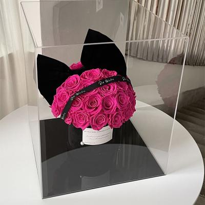 China Durable Bowknot Flower Embrace Eternal Bucket Preserved Rose Bouquet In Acrylic Box Gift for sale