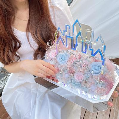 China Wholesale Durable Pink Blue Preserved Honey Snow Ice City Style Ornament Acrylic Square Flower Eternal Gift Box With Lighting Decoration for sale