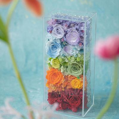 China Wholesale Durable Charming Colorful Acrylic Flower Square Bouquet Preserved Roses Flower Eternal Gift Box Valentines Bouquet Gift Box for sale