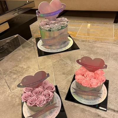 China Durable Wholesale Customization Colorful Heart Shaped Preserved Planet Decoration Square Preserved Rose Flower Gift for sale