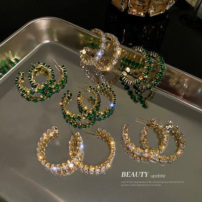 China Luxury Shiny Oval Green Zircon Crystal Earrings Inlay High Quality Circle Earrings For Women Earrings Party Gifts for sale