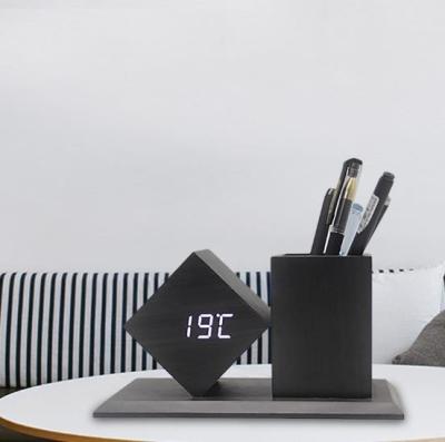 China Wooden Clock Pen Stand Amazon Promotion Gifts Desk Table Organizer Alarm Clock with Digital Touch LED Wooden Pen Holder Clock for sale