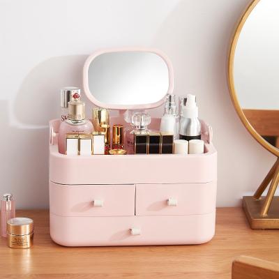 China Plastic Desktop Stocked Make Up Organizer For Storage Hanging Jewelry Box With Drawer Women Cosmetic Organizer With Mirror for sale