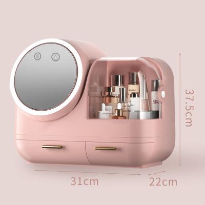 China 2022 Stored Makeup Organizer Cosmetic Storage Case with 360 Rotating Led Mirror and Fan for Skin Care Perfume and Jewelry Organizer for sale