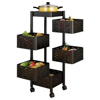 China Sustainable 360 ​​Degree Rotating Baskets Shelf Fruit 2 Tier Universal Kitchen Metal Storage Vegetable Rack With Wheels for sale