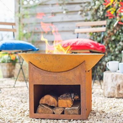 China New Popularity Corten Steel Stored Fire Pit Bowl Hot Sale Metal Around Firepit With Storage Wood Base for sale