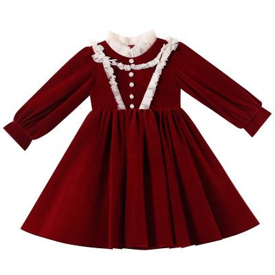 China Washable Elegant Kids Long Sleeves Dresses Children's Red Velvet Skirts Baby Winter Autumn Prom Dresses For Kids Birthday Party for sale