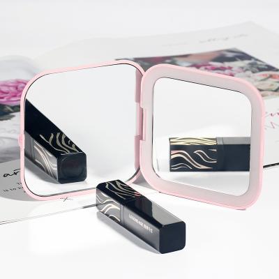 China Double Sided Lighted 2X Magnifier Square Vanity Hand Led Lights Desktop Makeup Mirrors for sale