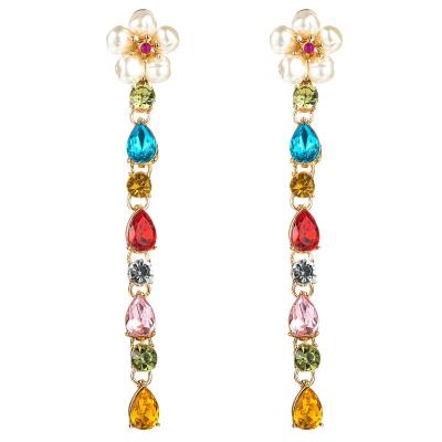 China TRENDY Fashion Exaggeration Rhinestone Earrings For Women Imitation Pearl Flower Pendant Earrings Jewelry for sale