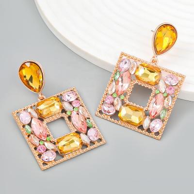 China TRENDY Fashion Exaggeration Geometric Square Hollow Glass Pendant Rhinestone Earrings For Women for sale