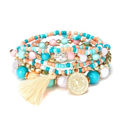 China TRENDY Hot Sale Bohemian Beaded Bracelet Statue Pendant Tassel Woman Bracelet Set for sale