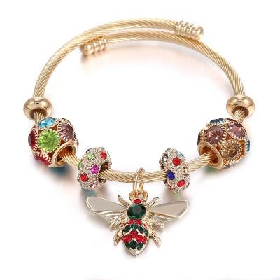 China High quality Cute Rhinestone Bee Pendant Bracelet Stainless Steel Adjusted Bangle for sale