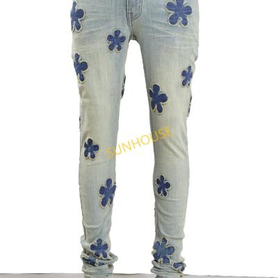 China SUNHOUSE 2023 Breathable Blue Ripped Patch Jeans Men's Multi-colored Narrow-legged Denim for sale