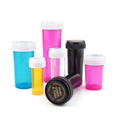 China Plastic reversible pill vials or pill bottles or dram vials with a child resistant cap for sale