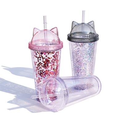 China Morden Water Bottles Luxury Cute Children's Creative Plastic Cat Ears Straw Cups Summer Gift Mugs Double for sale