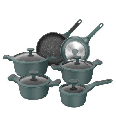 China BESCO Sustainable Climbing Series 10pcs Cooking & Dining German Style Die Cast Aluminum Non-Stick Cookware Sets With Glass Lid Green for sale