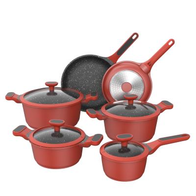 China BESCO Climbing Series 10pcs 2021 New Viable Running Aluminum Cookware Non-Stick Cast Aluminum Marble Coating Cookware Sets With Lid Red for sale