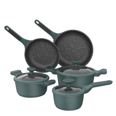 China BESCO Climbing Series 8pcs Home and Kitchen Effect Nonstick Marble Coat Sustainable Aluminum Cookware Set with Tempered Glass Lid Green for sale