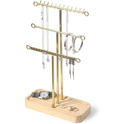 China Modern Stylish Organizer Stand Jewelry Holder with Drawer Storage Rustic Wood Base for Necklaces Bracelets Earrings Rings Display for sale