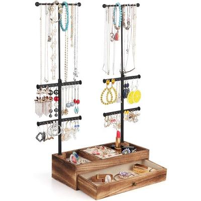 China Modern Stylish Organizer Stand Jewelry Holder with Drawer Storage Rustic Wood Base for Necklaces Bracelets Earrings Rings Display for sale