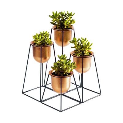 China Modern Decorative 4 Tier Black Metal Planter Stand Plant Stand Decorative With Gold Bronze Plastic Pots, For Office And Garden for sale